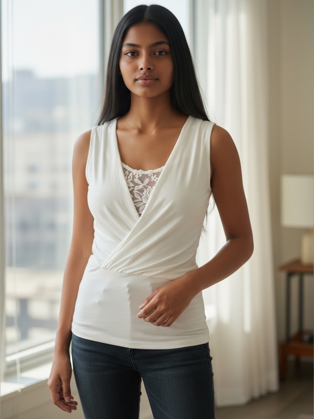 Cable & Gauge White Lace-Back Sleeveless Tank